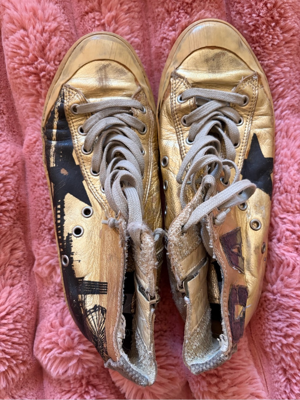 Golden Goose Metallic Gold High-Top Sneakers with Black Star